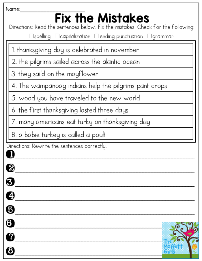 Engaging grammar practice for kindergarten students on sentence structure Kitty Cat worksheet for fixing sentences with punctuation and capitalization