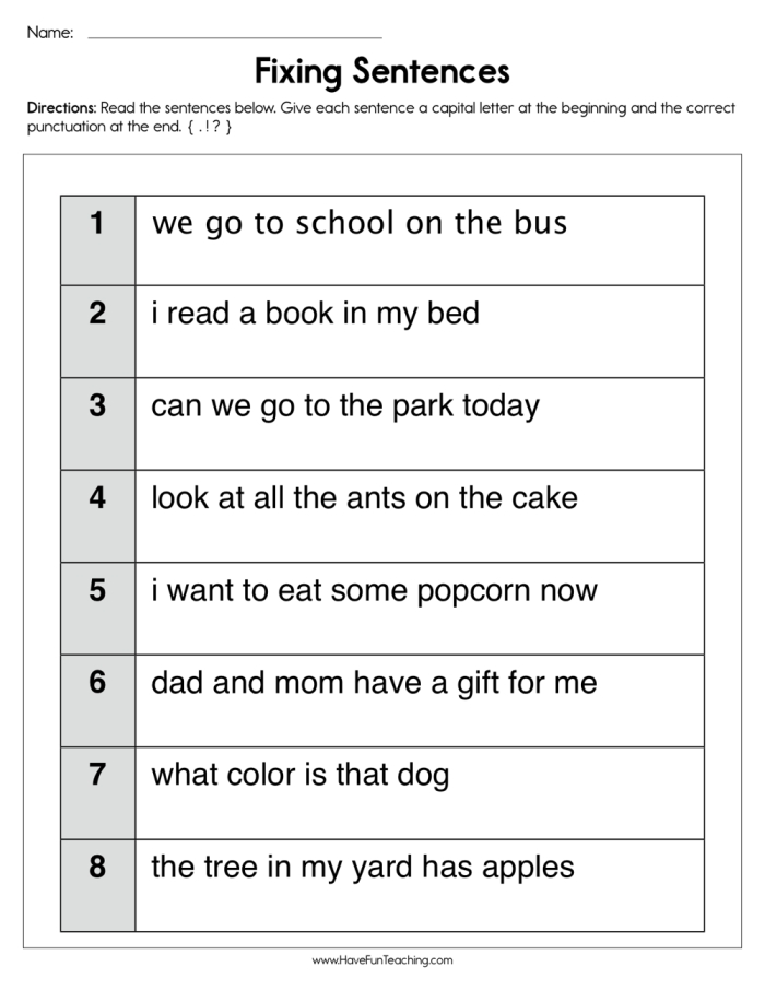 Fix the Sentences: Kitty Cat grammar worksheet for young learners Kitty Cat worksheet for practicing sentence capitalization and punctuation in kindergarten