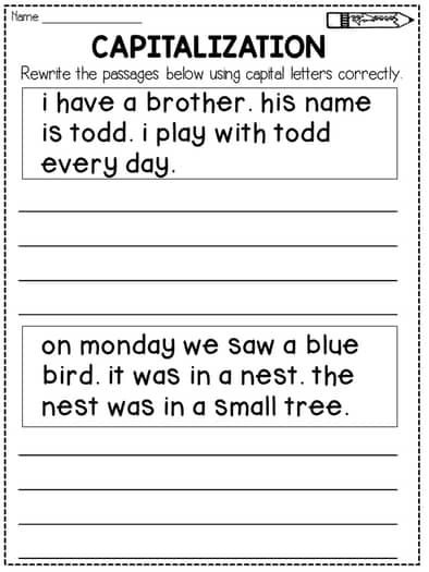 Fix the Sentences: Kitty Cat worksheet for young learners in multiplication Kitty Cat worksheet for practicing sentence capitalization and punctuation in kindergarten