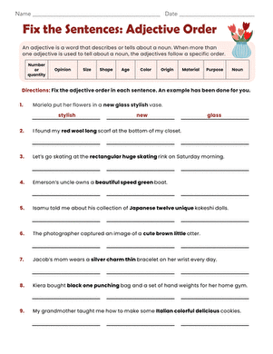 Adjective order exercise for students to enhance their writing skills Worksheet for fourth graders to practice fixing the order of adjectives in sentences
