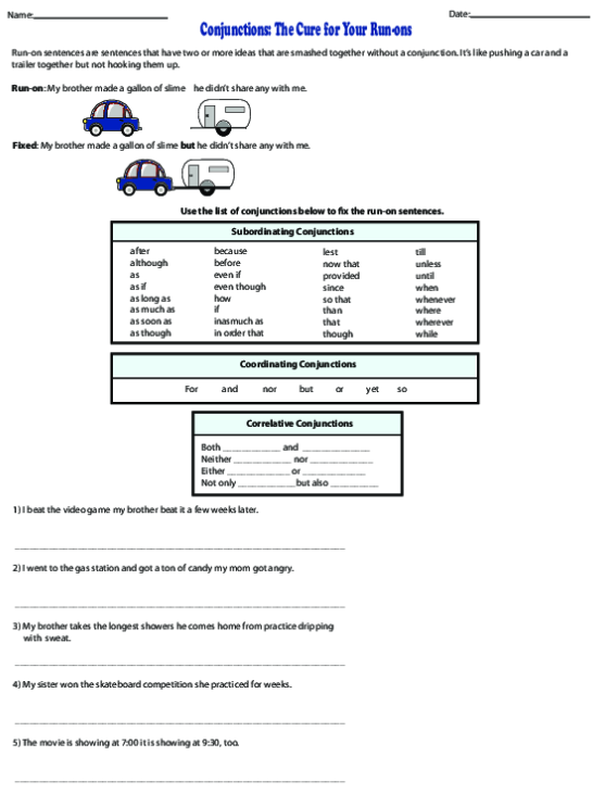Conjunctions The Cure for Your Run-ons Worksheet 14 A fourth grade student uses conjunctions to correct run-on sentences on a grammar worksheet.