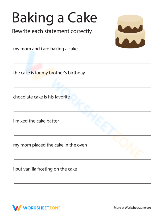 Baking a Cake sentence correction activity for second graders A second grade worksheet for fixing sentences about baking a cake