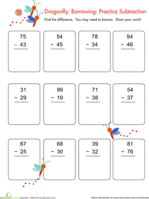Flamingo-themed worksheet designed for second graders to practice two-digit subtraction with borrowing