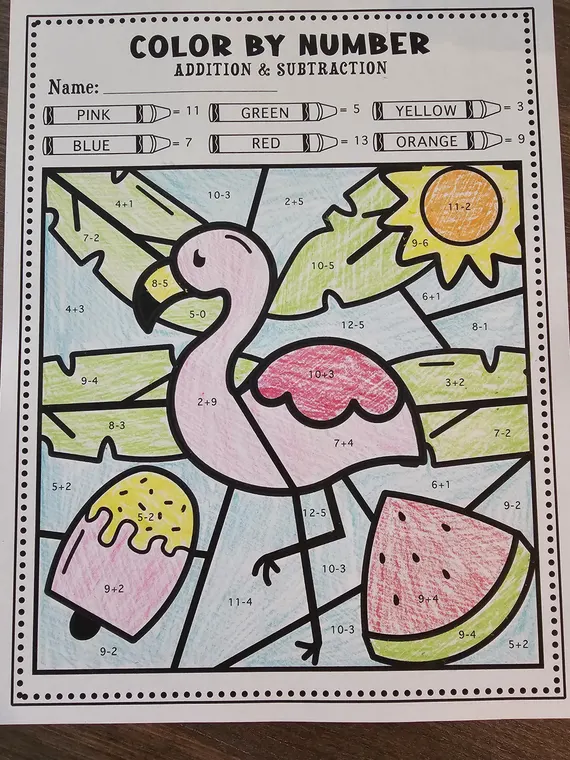 Colorful worksheet featuring cheerful flamingos to help second graders master two-digit subtraction by borrowing