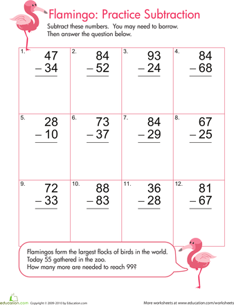 Second grade student working on a Flamingo Fun two-digit subtraction worksheet with borrowing