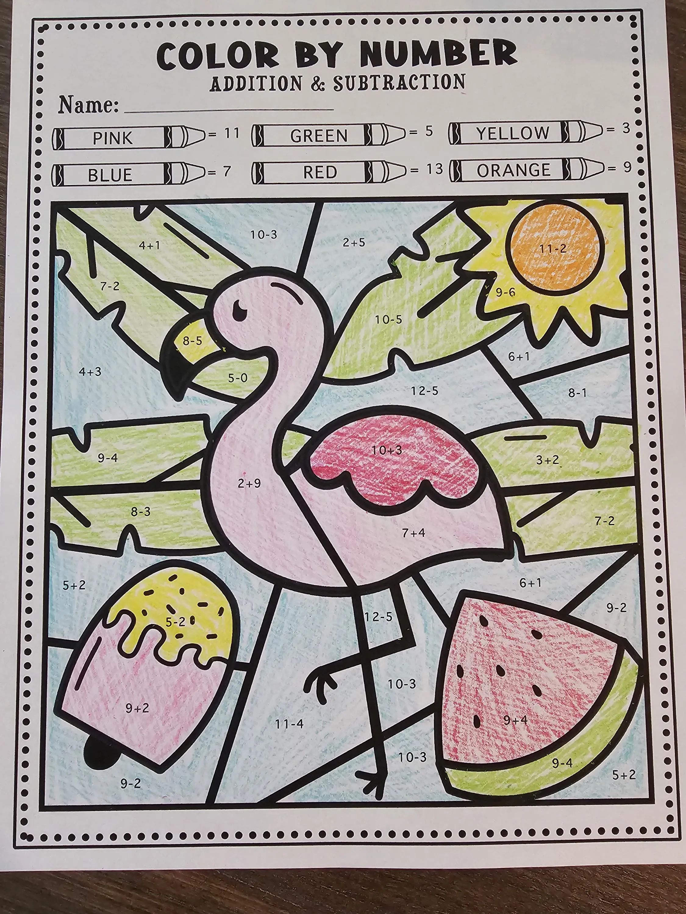 Second grade math worksheet featuring colorful flamingo illustrations to help students practice two-digit subtraction with borrowing