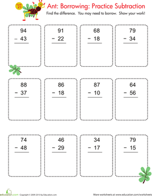 Second grade math worksheet featuring colorful flamingo illustrations to help students practice two-digit subtraction with borrowing