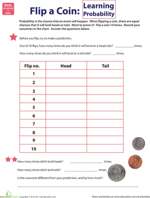 Learning Probability: Flip a Coin Worksheet for Seventh Grade Worksheet for practicing probability using a coin for seventh graders