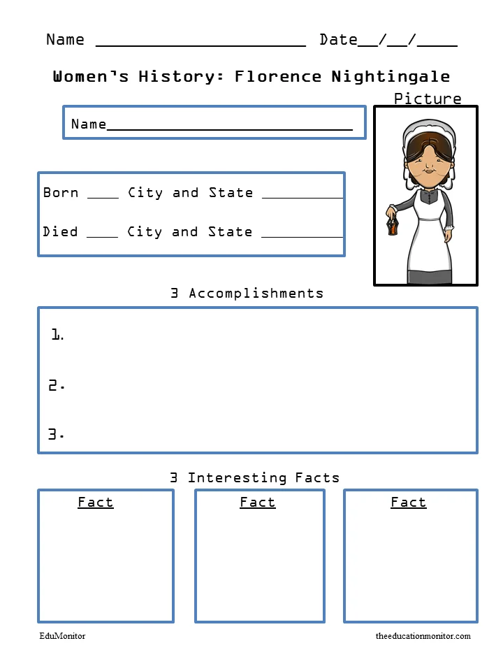 Educational resource featuring Florence Nightingale's life and legacy for young historians Florence Nightingale biography worksheet for third graders to explore her contributions to nursing