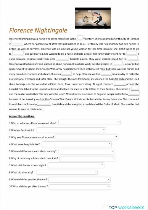 Educational resource featuring Florence Nightingale's life story for young historians Florence Nightingale biography worksheet for third graders learning about her impact on nursing