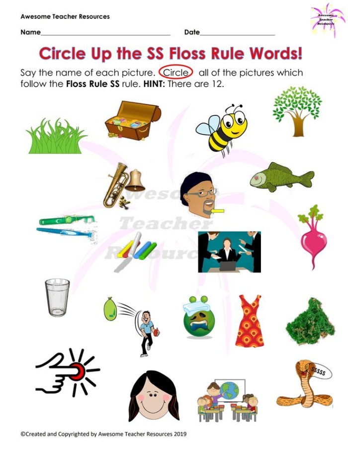 Educational resource for practicing the FLOSS rule in writing and reading skills FLOSS Words worksheet for second graders focusing on double letter identification