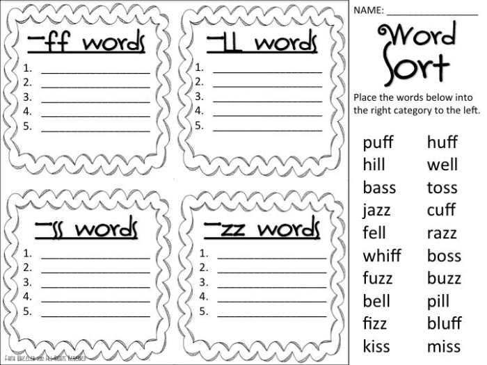 Engaging activity sheet to help students practice the FLOSS rule in writing FLOSS Words worksheet for second graders focusing on double letter identification