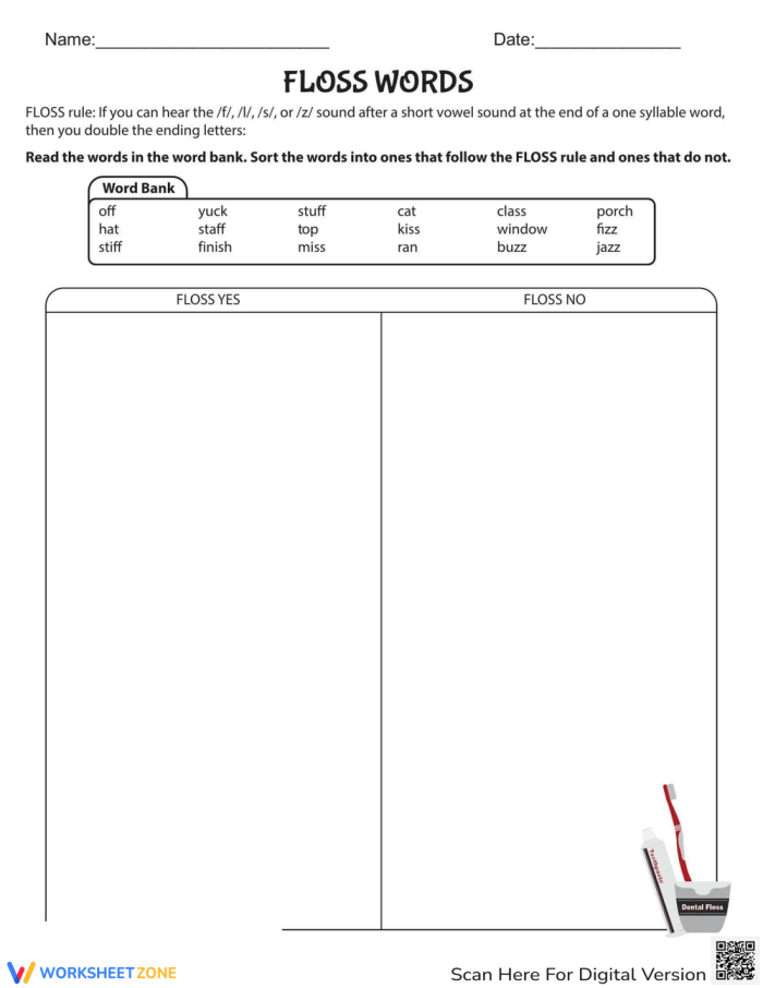 FLOSS rule practice sheet image for enhancing writing skills in young students FLOSS Words worksheet for second graders focusing on double letter identification