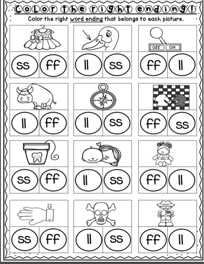 FLOSS rule practice worksheet for identifying double letter words Worksheet featuring FLOSS words for second graders