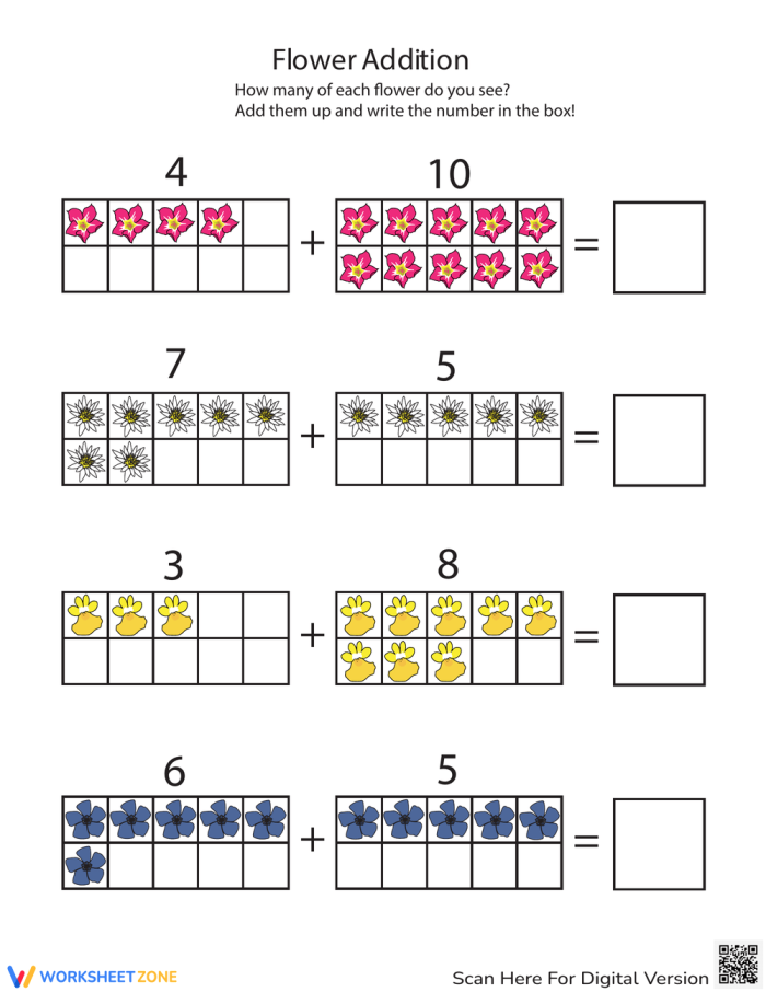 Engaging picture addition worksheet featuring flowers for young learners Colorful flower pictures for addition practice in a kindergarten worksheet