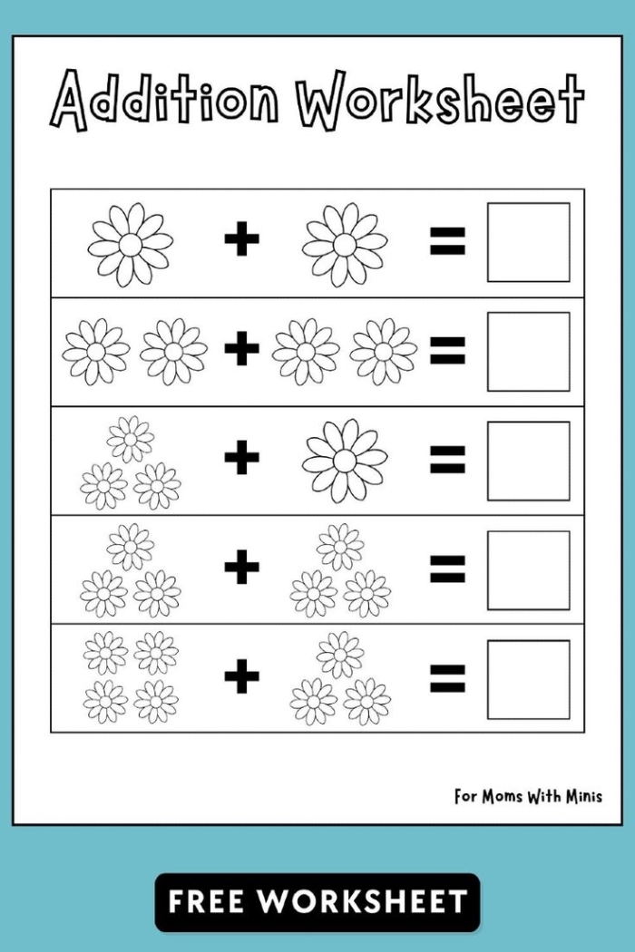Flower Picture Addition worksheet for young learners in kindergarten Colorful flower pictures for addition practice in a kindergarten worksheet