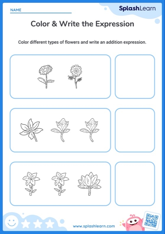 Engaging Flower Picture Addition Worksheet for Young Learners Colorful flower images for addition practice in a kindergarten worksheet