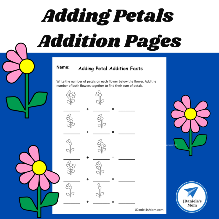 Engaging picture addition activity featuring flowers for young learners Colorful flower illustrations for a kindergarten addition worksheet
