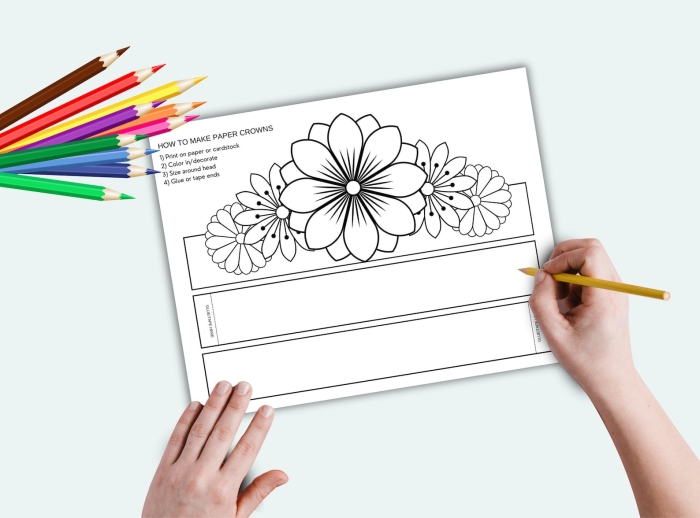 Colorful flower crown worksheet for first graders to create their own spring headpiece