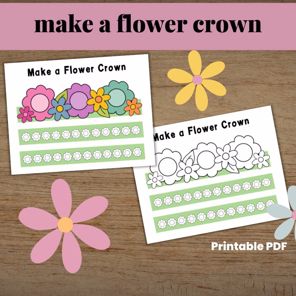 First grade student wearing a vibrant spring flower crown created from a geometry worksheet craft