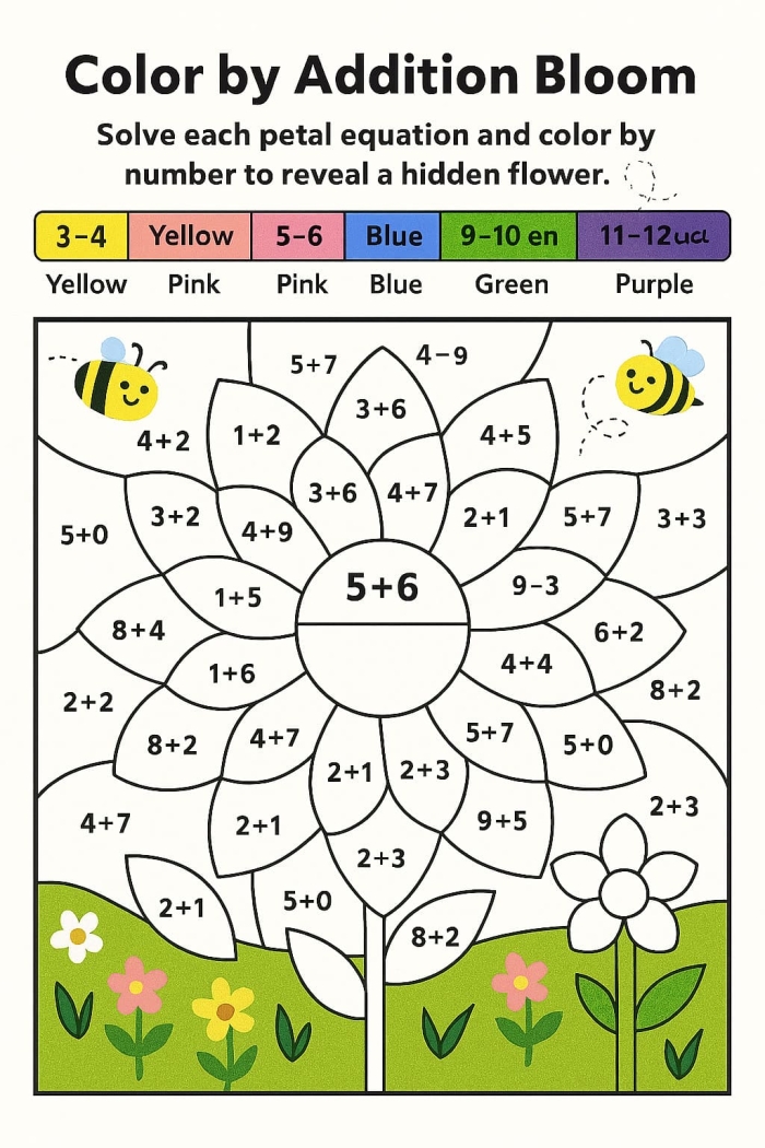 Engaging flower picture addition activity for young learners Colorful flowers for addition practice in a kindergarten worksheet