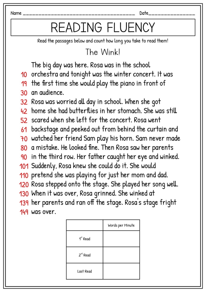 Fourth grade student practicing reading fluency with a Through the Looking-Glass worksheet excerpt
