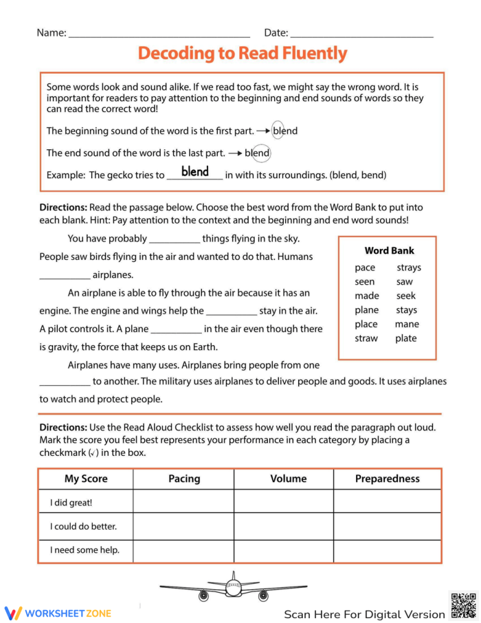 Decoding to Read Fluently Worksheet Number 8 for Third Grade Alphabet Practice Third grade student completing a decoding to read fluently worksheet by matching beginning and ending sounds