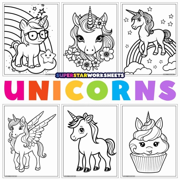 A whimsical coloring worksheet showcasing a flying unicorn against a vibrant rainbow backdrop