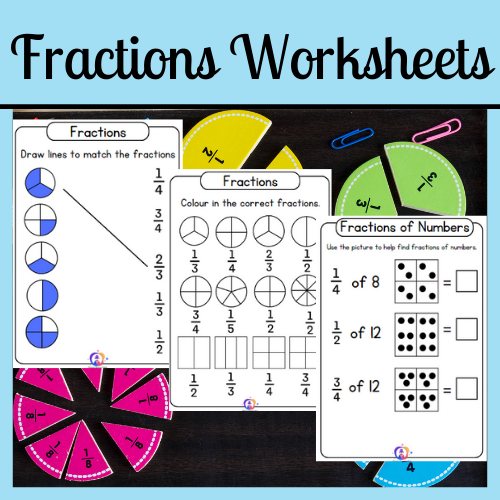Focus on Fractions worksheet for fifth grade assessment on mixed numbers and adding unlike denominators Worksheet illustrating fifth grade fraction concepts such as equivalent fractions and improper fractions