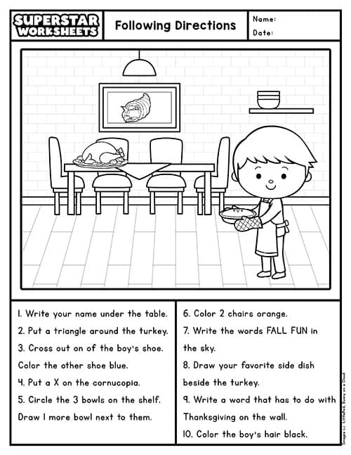 Following Directions Practice: Solve the Riddle Activity for First Grade First grade student completing a following directions worksheet activity with numbered steps to solve a hidden riddle puzzle