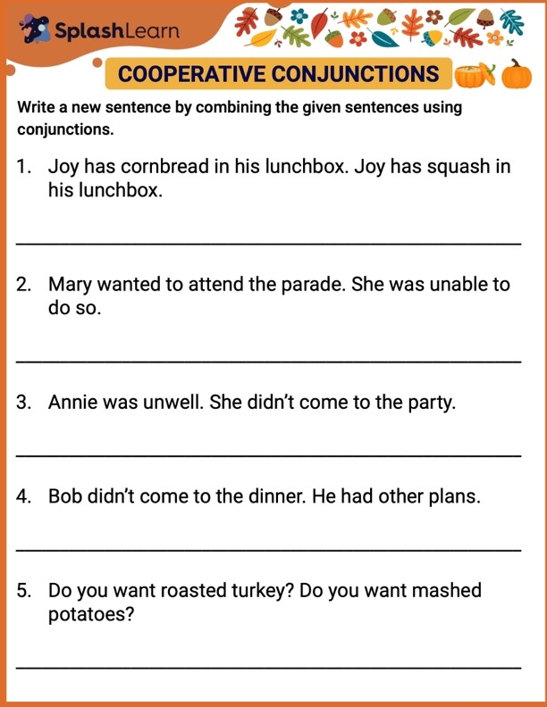 Third-grade students practicing coordinating conjunctions with food-themed sentence completion exercises