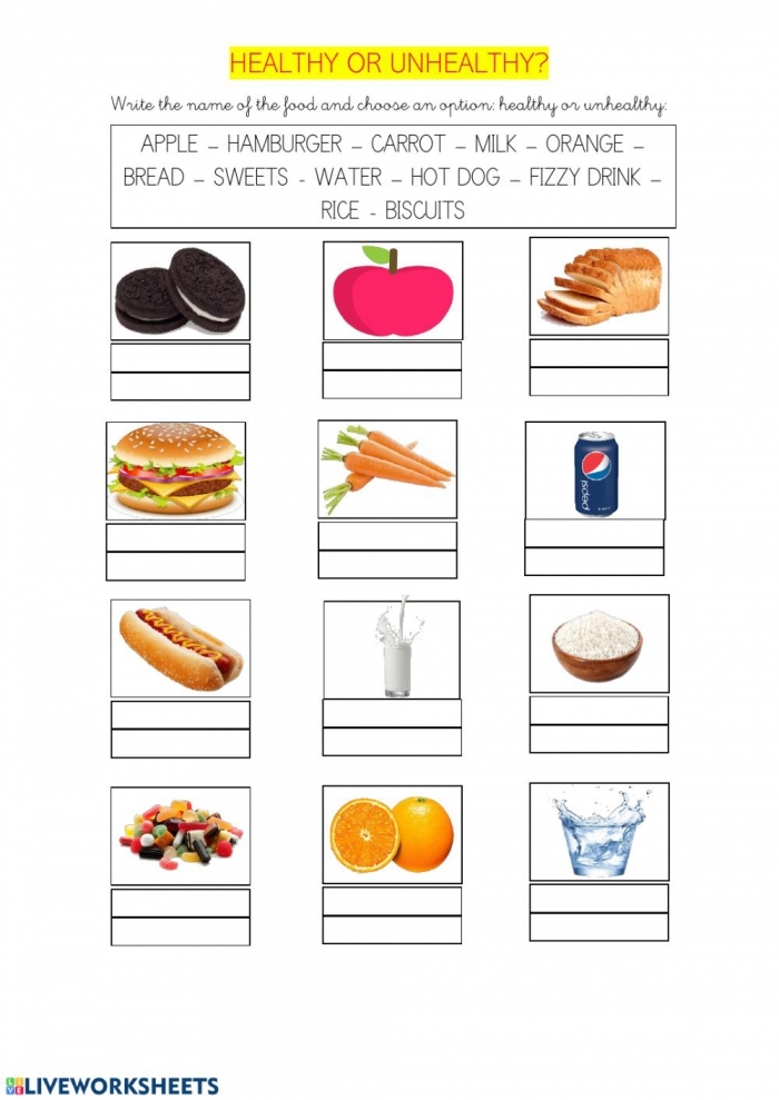Colorful worksheet showing healthy and unhealthy food options for kindergarten kids