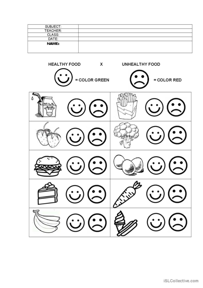 Worksheet featuring healthy and unhealthy foods for kindergarten students