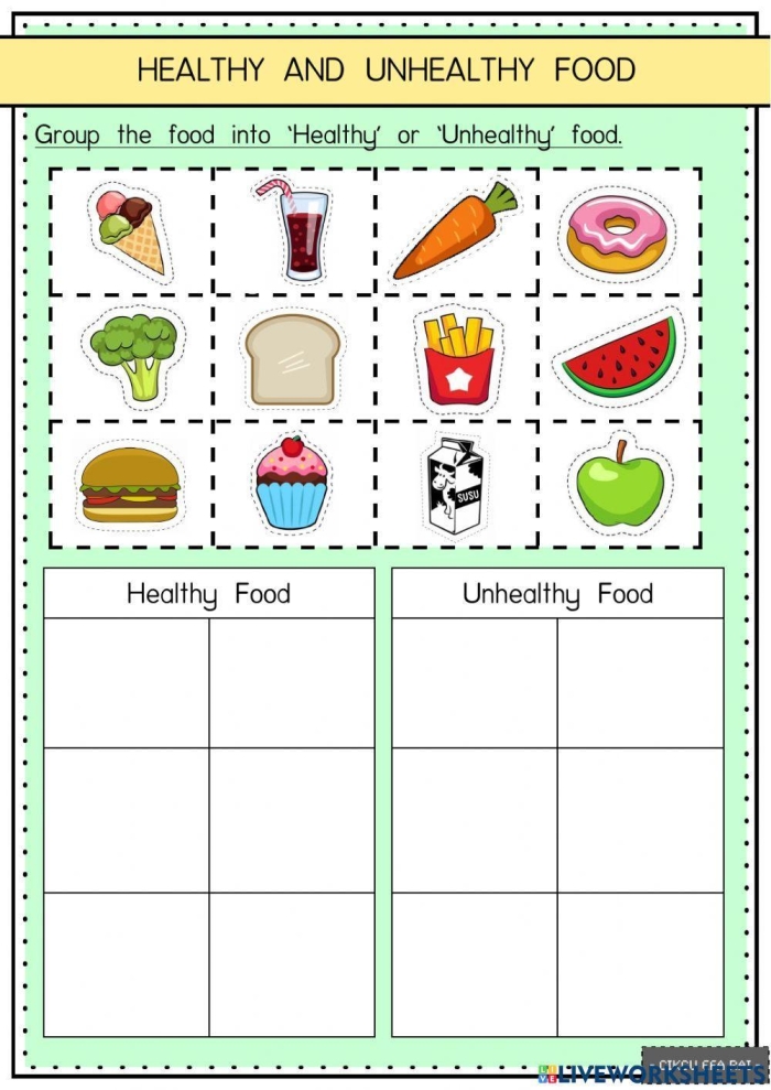 Worksheet image featuring healthy food options for kids to cut and paste onto a plate