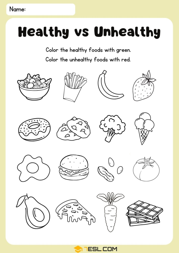 Worksheet featuring healthy food options for kids to cut and paste onto a plate