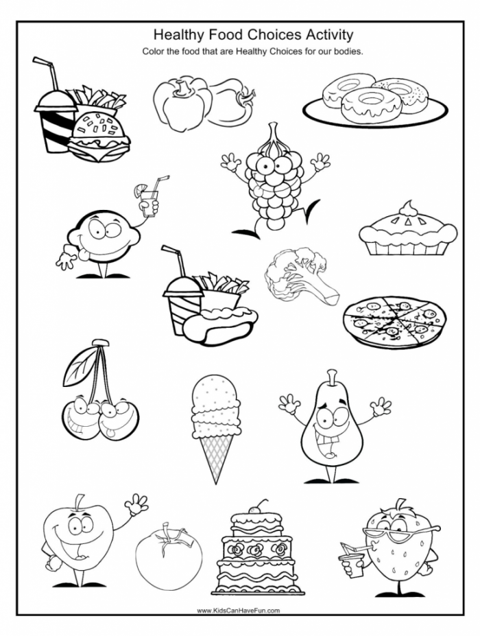 Colorful worksheet for kindergarteners featuring healthy and unhealthy food images to cut and paste onto a plate