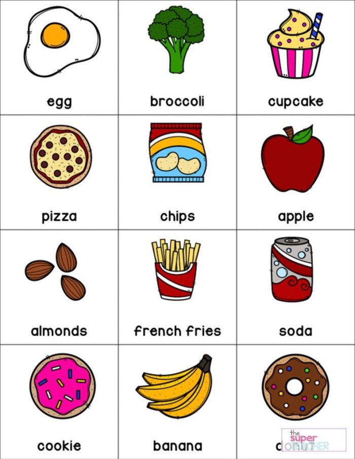 Worksheet showing kids cutting out food images to identify healthy options