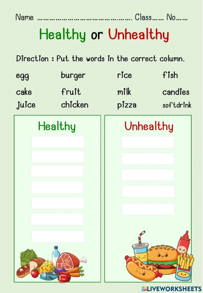 Kids engaging with the "Food Is Fantastic: Healthy or Not Healthy?" worksheet, sorting healthy foods onto a plate
