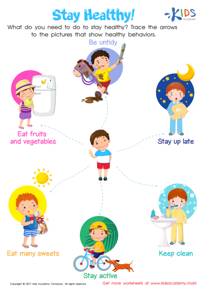 Children's activity worksheet with healthy food images for sorting