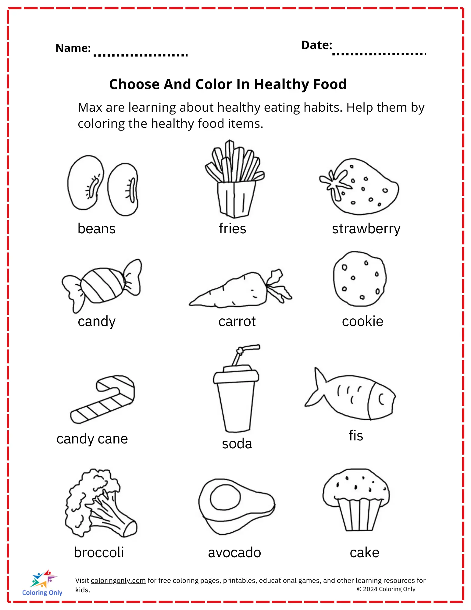 Colorful worksheet activity for kindergarteners featuring healthy and unhealthy food images to cut and paste. Food Is Fantastic: Healthy or Not Healthy? worksheet for kids to learn about nutrition.