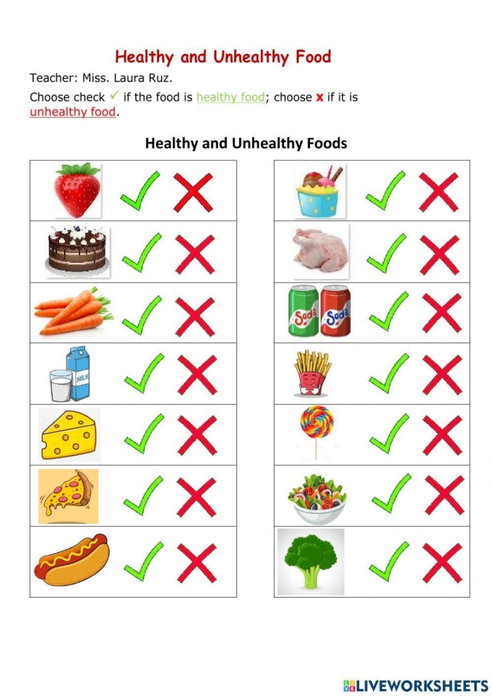 Colorful worksheet featuring healthy and unhealthy food images for kids