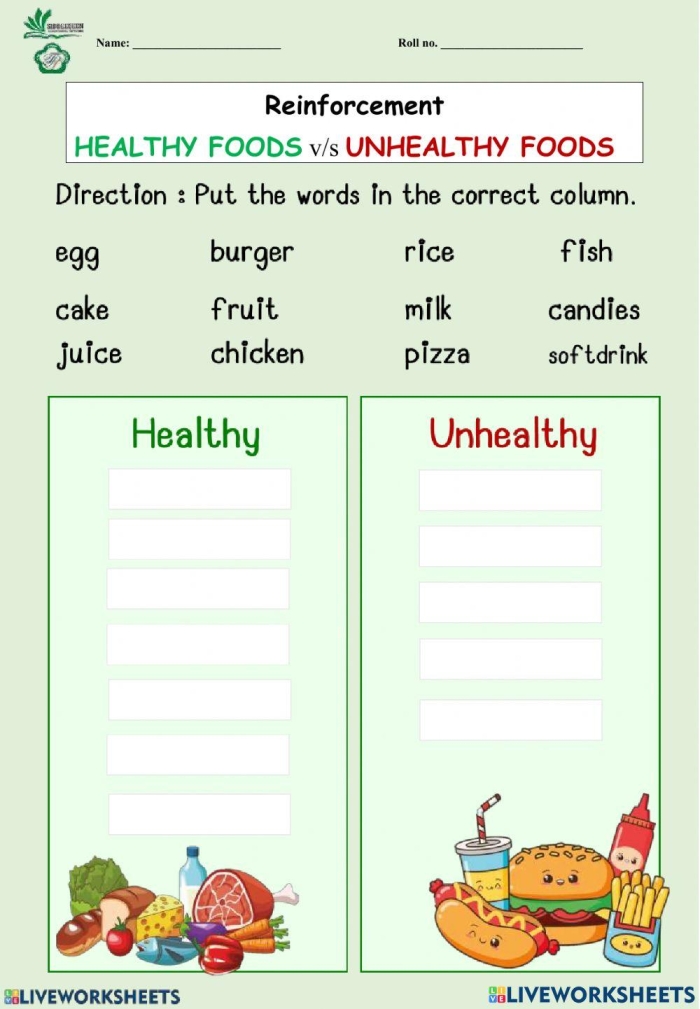 Colorful worksheet featuring healthy and unhealthy foods for kids