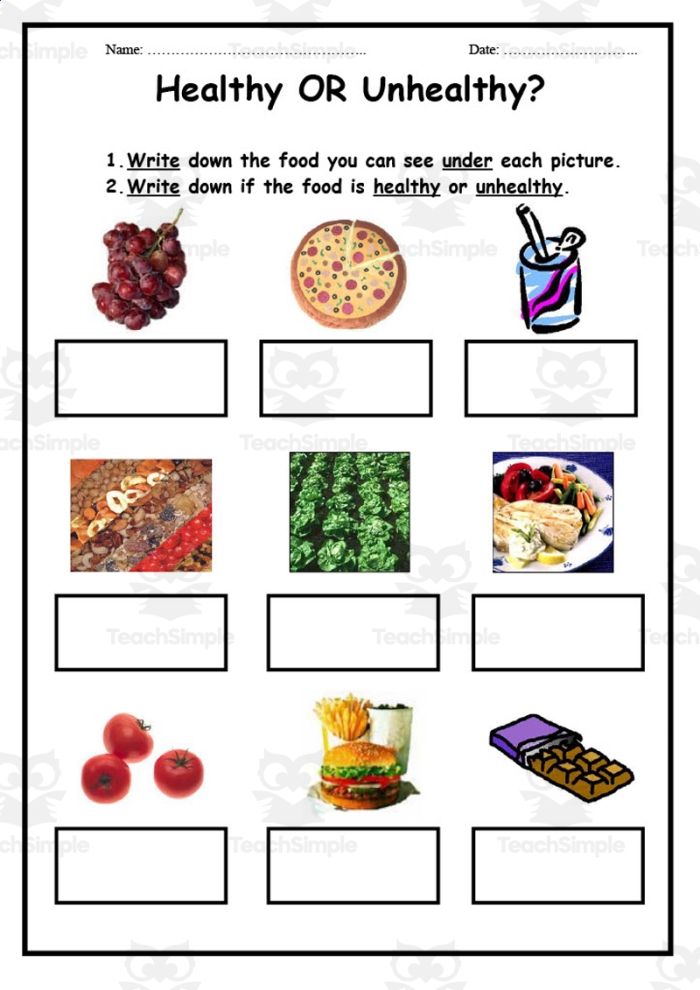 Colorful worksheet featuring healthy and unhealthy foods for kids
