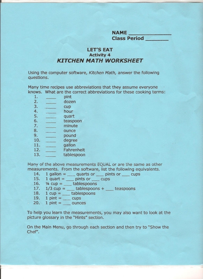 Engaging worksheet for teaching nutrition and math concepts to fourth grade students Colorful Food Math worksheet featuring fractions and conversions for fourth graders