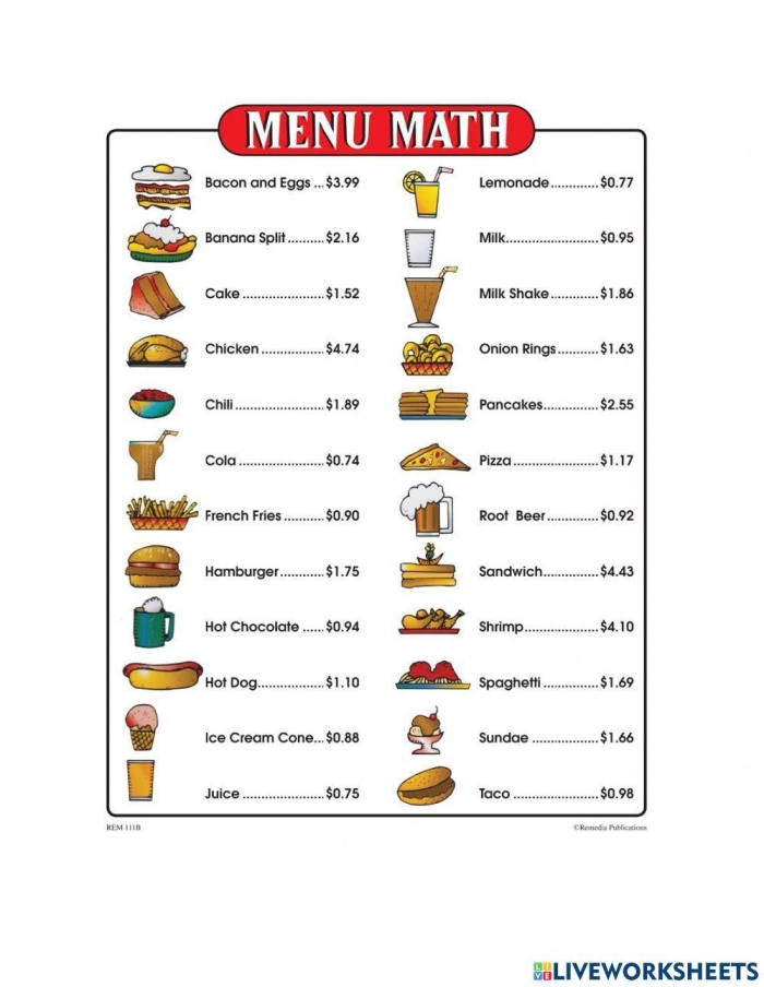 Engaging worksheet featuring fractions, decimals, and nutrition concepts for young learners Colorful Food Math worksheet designed for fourth graders to explore fractions and conversions