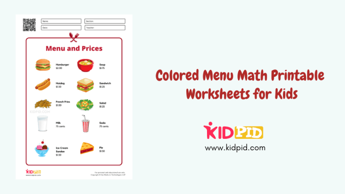Engaging worksheet image displaying food-related math exercises for students Colorful Food Math worksheet for fourth graders focusing on fractions, conversions, and nutrition concepts