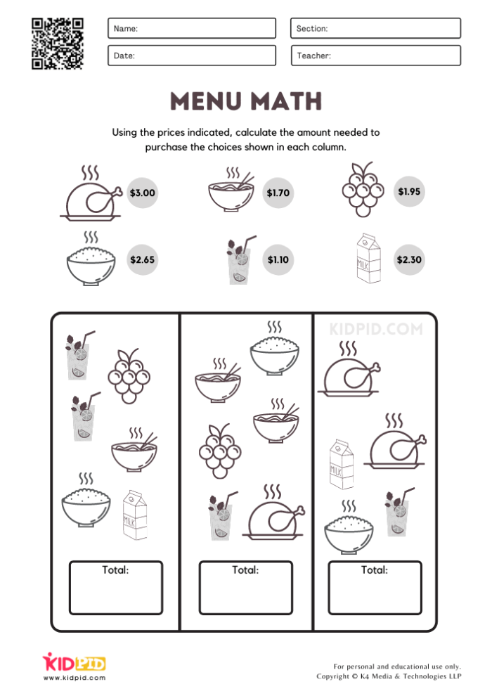 Engaging worksheet featuring fractions, decimals, and nutrition concepts for young learners Colorful Food Math worksheet designed for fourth graders to explore fractions and conversions