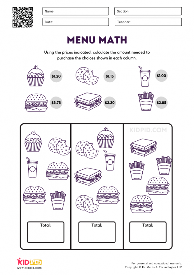 Playful worksheet 5 that helps students explore food-related math concepts and conversions Engaging Food Math worksheet focusing on fractions, decimals, and nutrition for fourth graders
