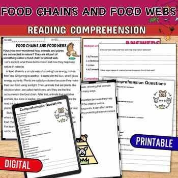 Exploring food webs: a colorful reading comprehension worksheet for kids in grade four Food Webs Reading Comprehension worksheet for fourth graders featuring engaging activities