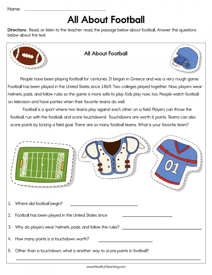 Third grade student practicing reading fluency with a football themed worksheet featuring one hundred words
